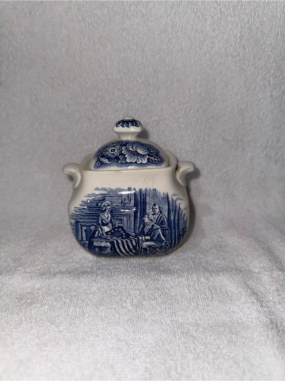 Vintage Liberty Blue Staffordshire Betsy Ross
Sugar Bowl w/Lid